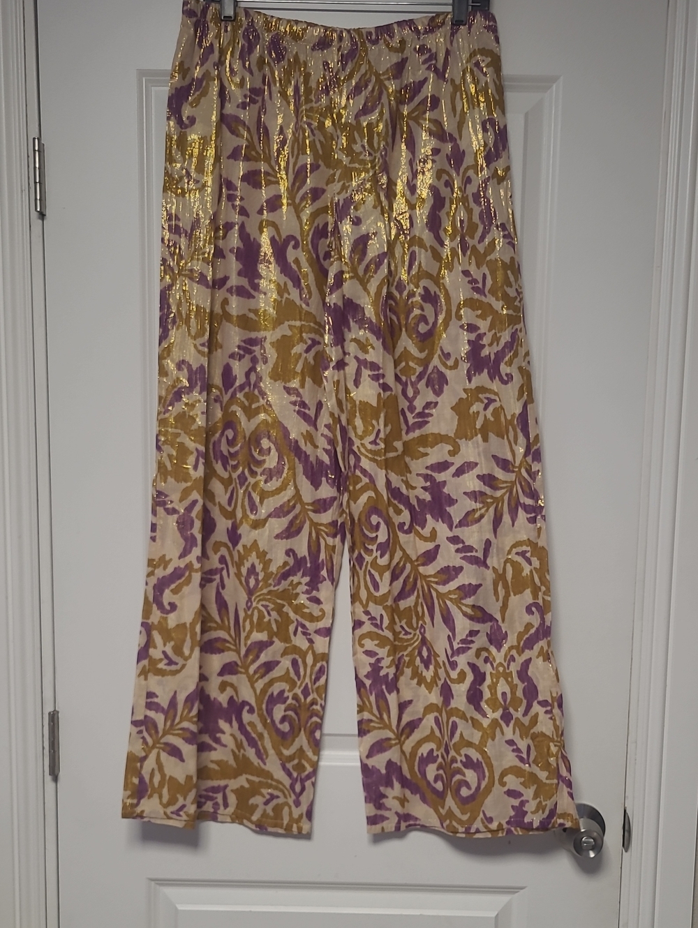 Zara Cream Wide-Leg Pants with Purple & Gold Damask Print